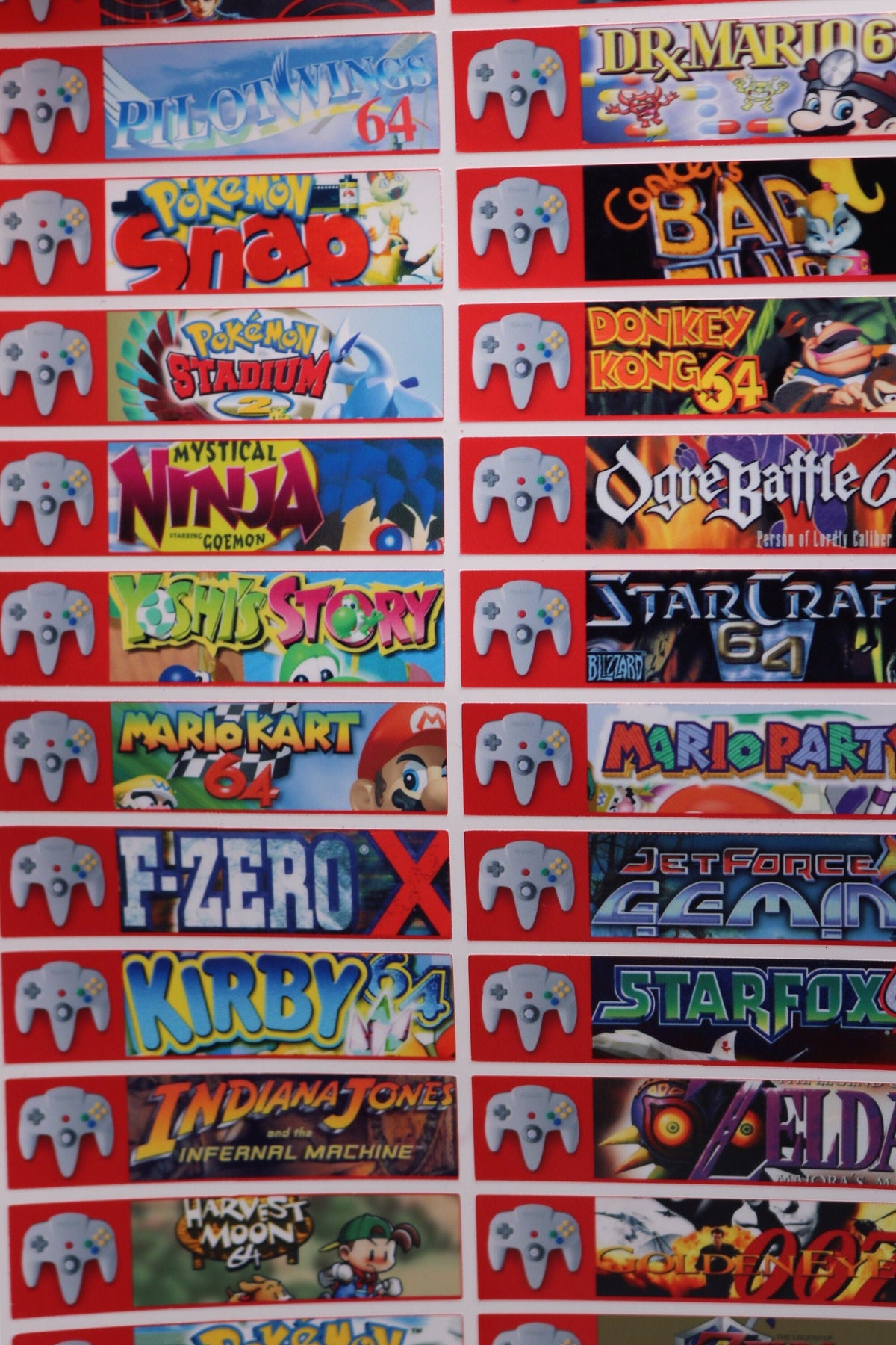 N64 Cartridge Spine Labels – Nintendo 64 Top Label Set, 1–296 Games