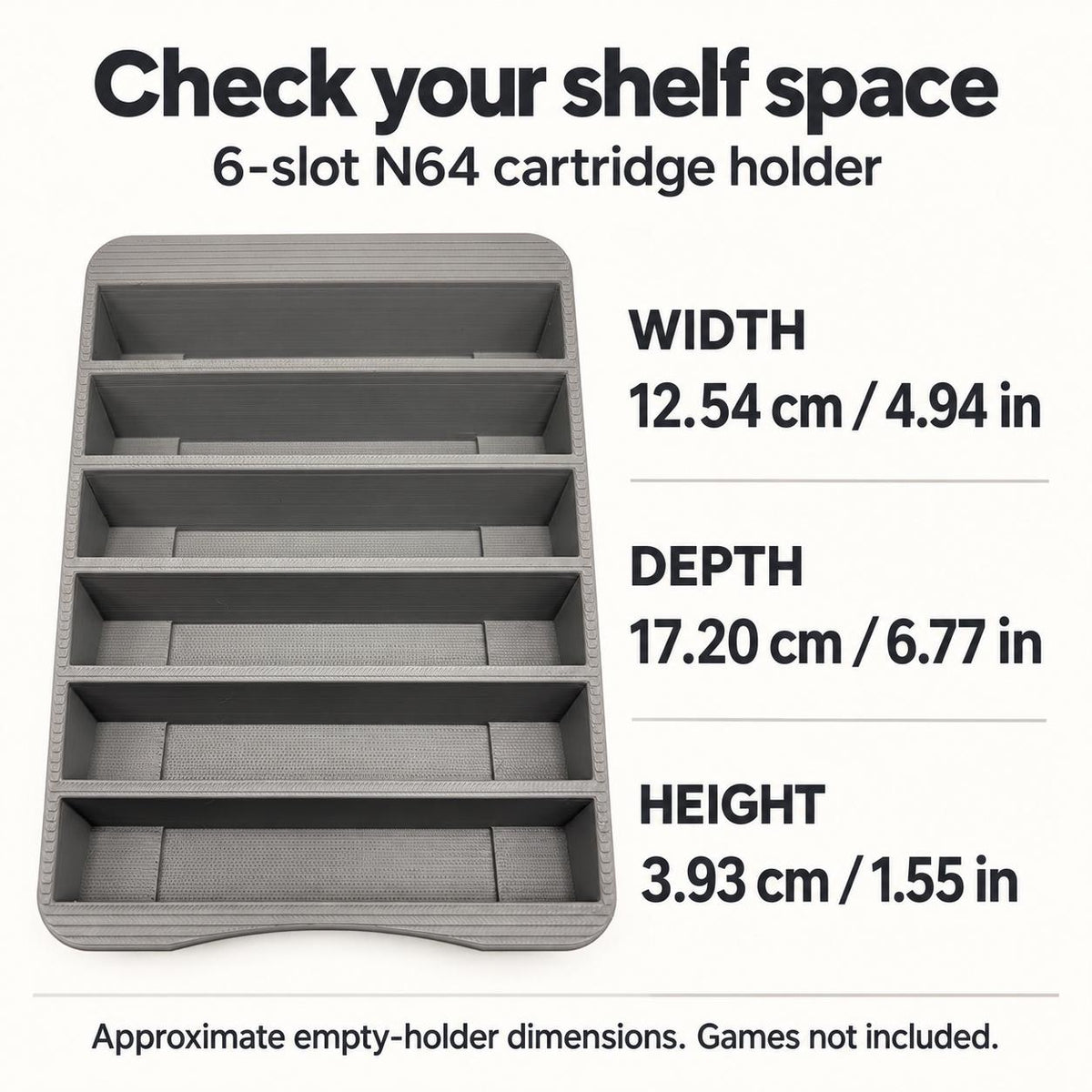 Empty six-slot holder with approximate design dimensions: width 12.54 cm, depth 17.20 cm and height 3.93 cm. Games not included.