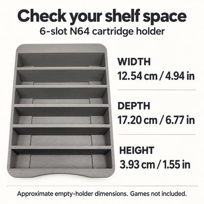 Empty six-slot holder with approximate design dimensions: width 12.54 cm, depth 17.20 cm and height 3.93 cm. Games not included.
