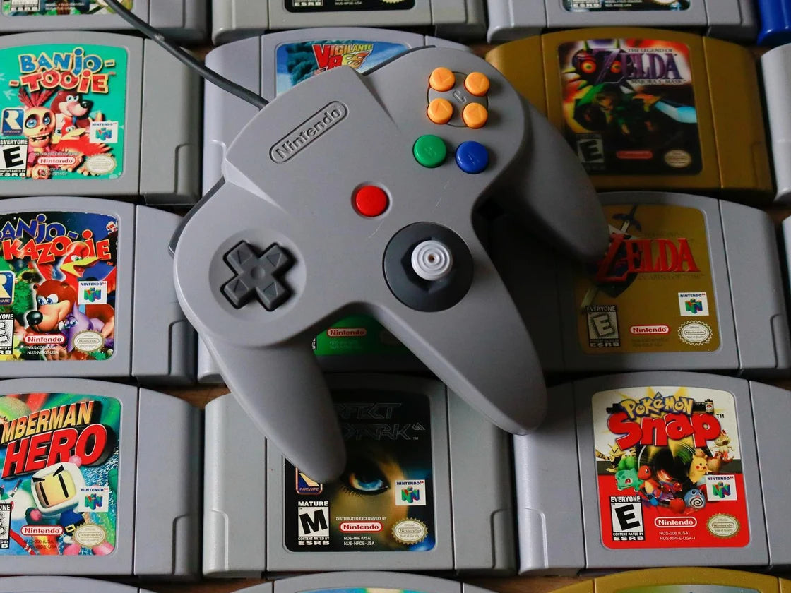 Our Nintendo 64 controller resting on a collection of favourite N64 cartridges